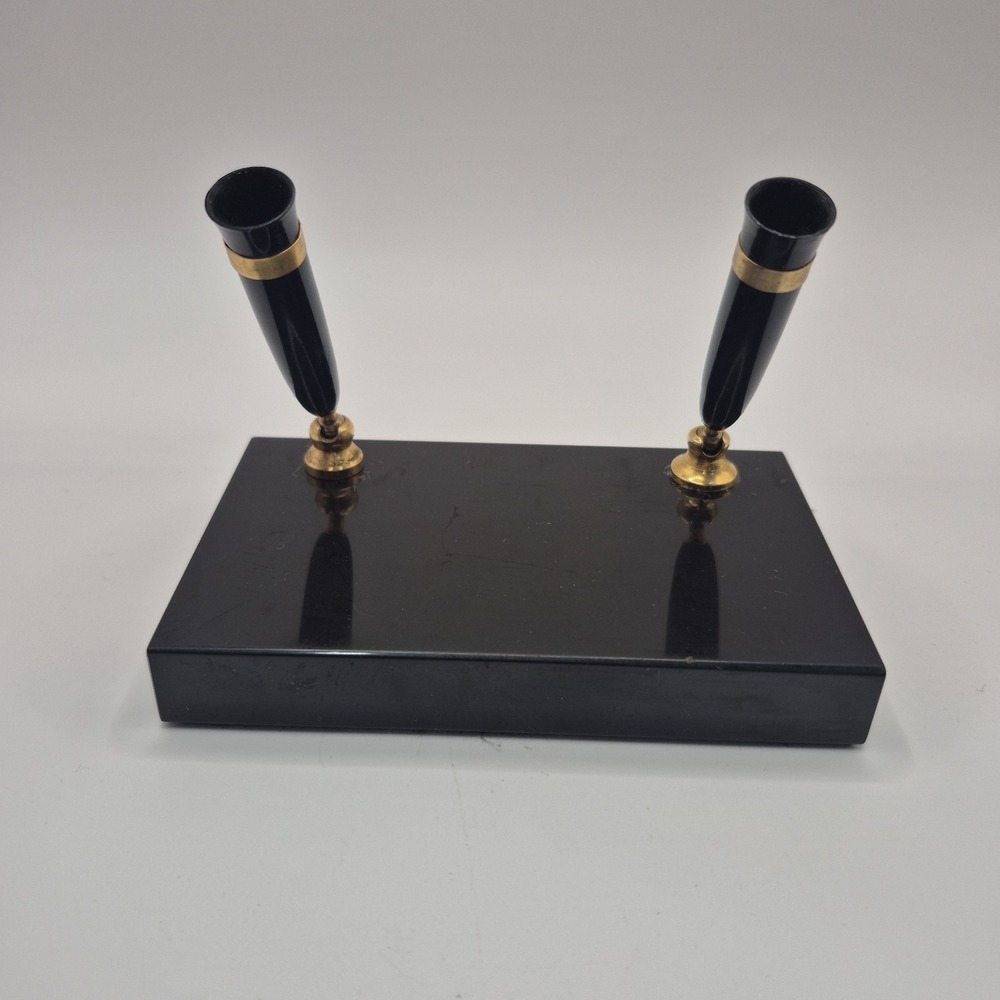 Vintage Black Marble Double Pen Desk Stand Base - Gold Accent Dual Sockets